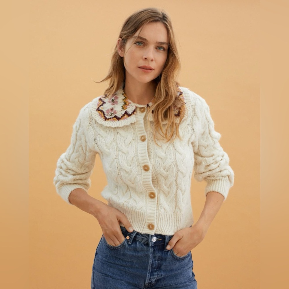 Mango Cream Cable-Knit Cardigan with Floral Collar